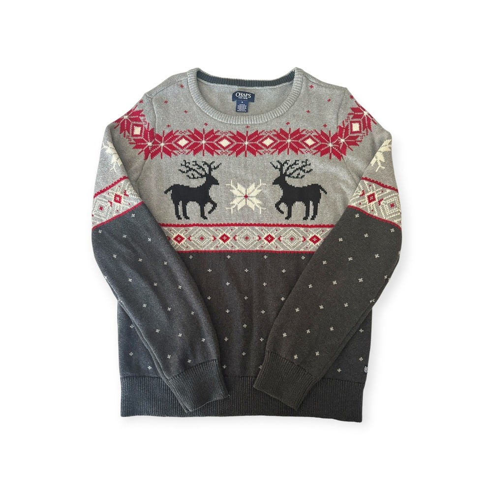 Chaps Sweater Fair Isle Reindeer Grey Red Excellent M Mens